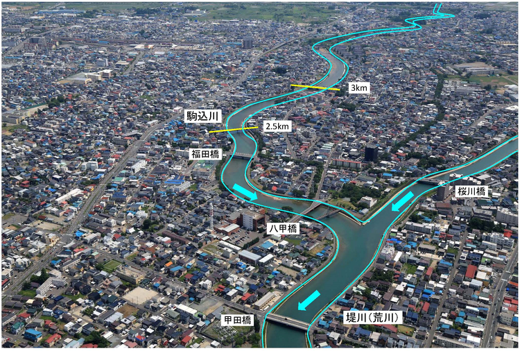 駒込川航空写真　堤川合流点からJR東北本線付近