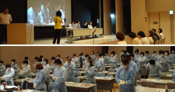 第4回作戦講座、模擬記者会見(上)・感染防護具着脱(下)の様子