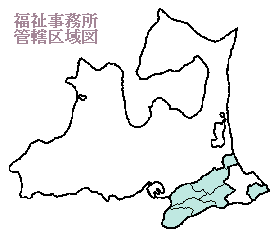 福祉事務所所管区域図。青森県地図での管轄区域を表示しています。