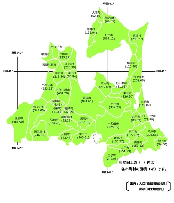図：青森県地図と市町村毎の面積