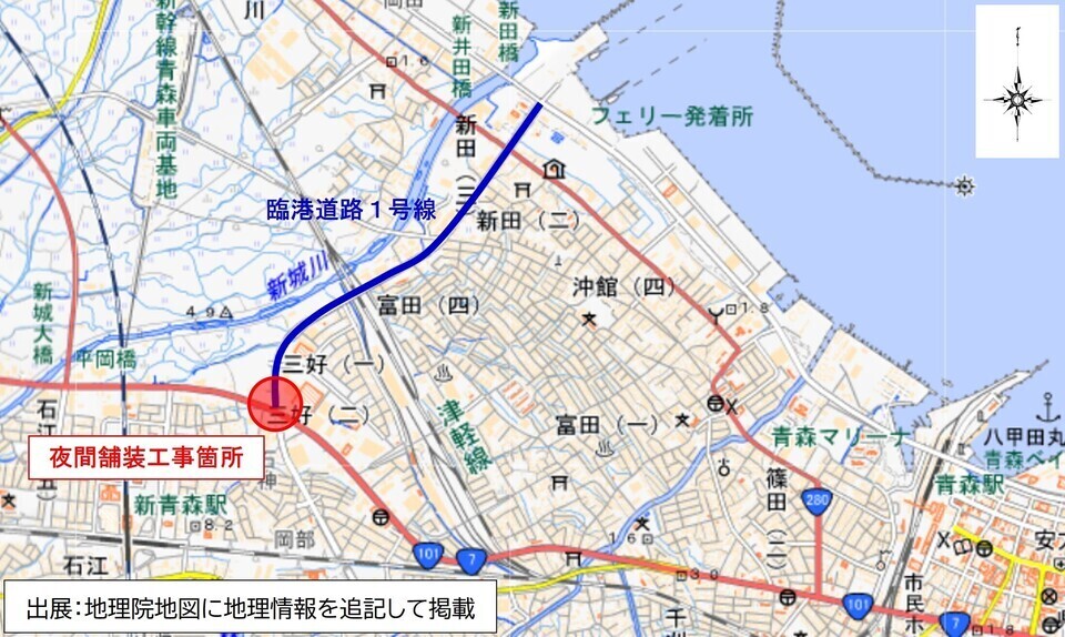 青森ベイブリッジの歩道の通行止め地図
