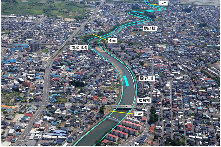 駒込川航空写真　JR東北本線より国道７号バイパス