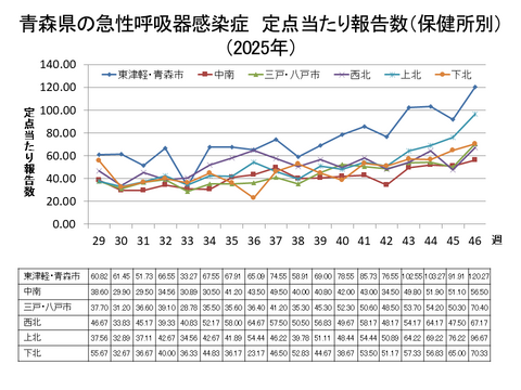 青森県の新型コロナ定点当たり報告数（保健所別）