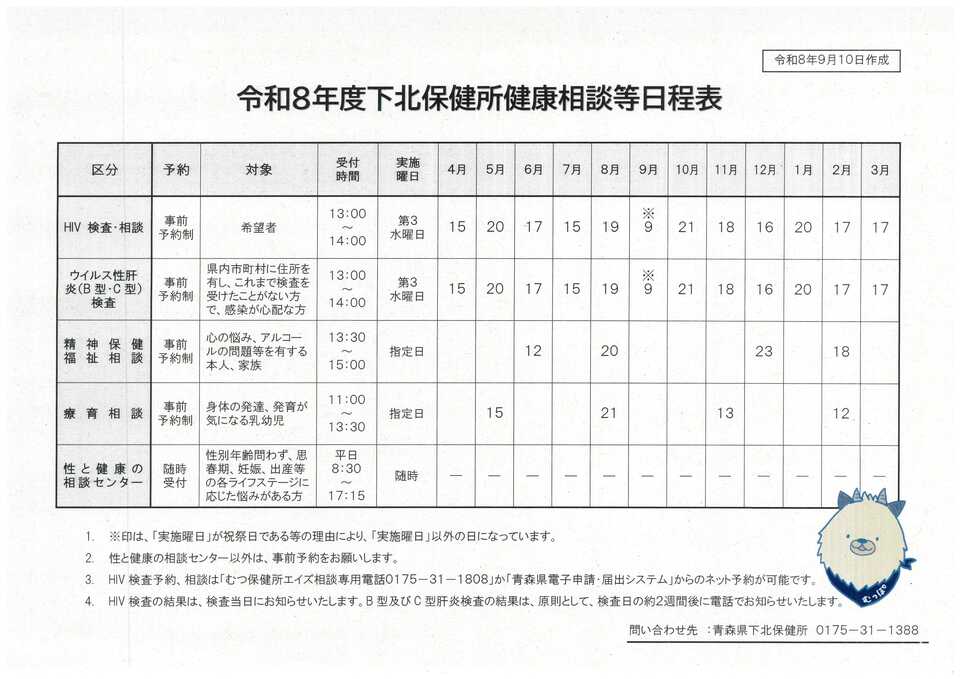 令和8年度むつ保健所健康相談等日程表