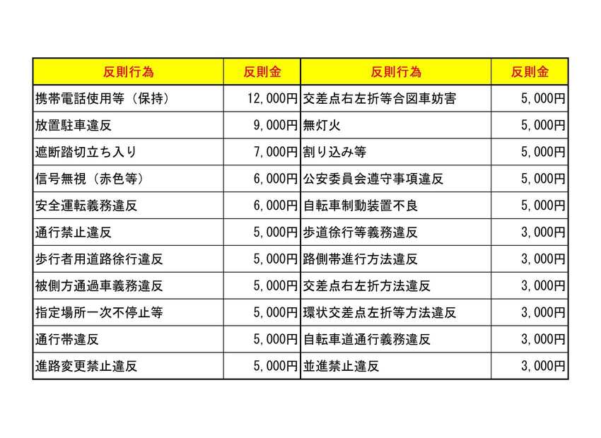 反則行為の例と反則金
