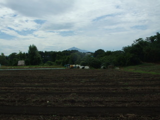 発掘調査が進められている田小屋野貝塚から見た岩木山