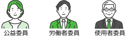 公益委員と労働者委員と使用者委員の絵